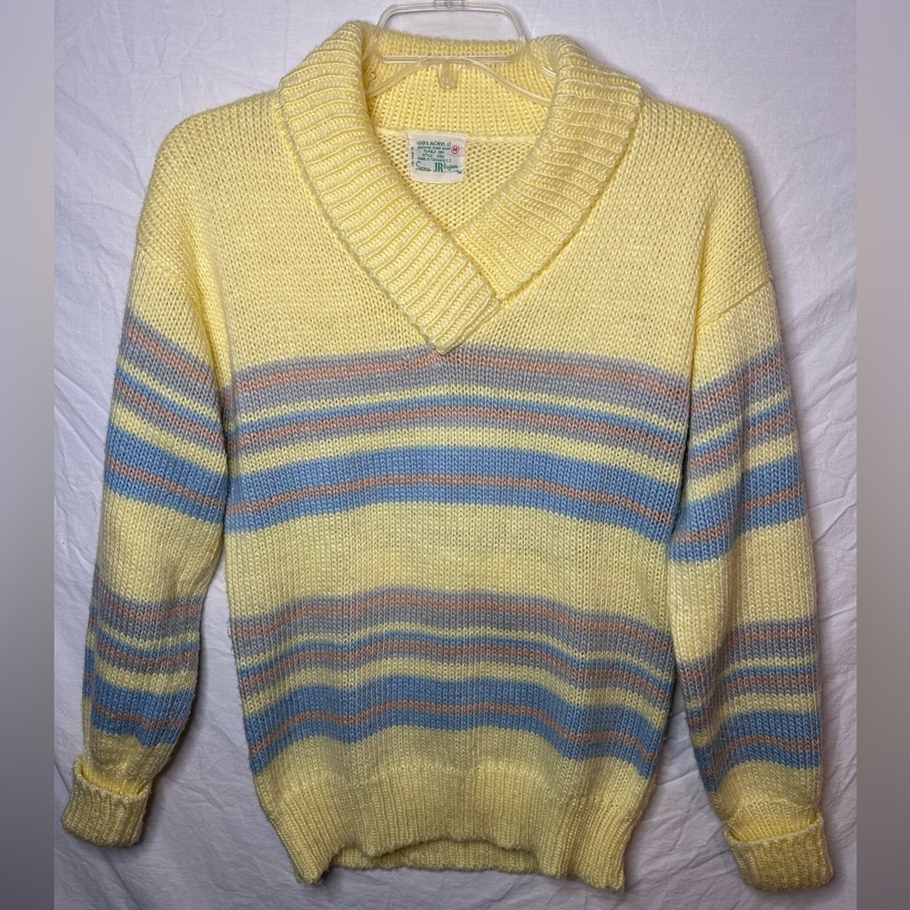 Vintage Sears JR Bazaar Striped Sweater Medium Yellow Pastel 80s 90s Knit